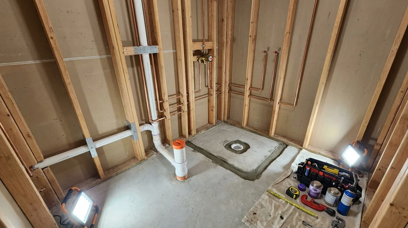 Bathroom rough-in plumbing during remodel by Johns Plumbing LLC in Rock Springs