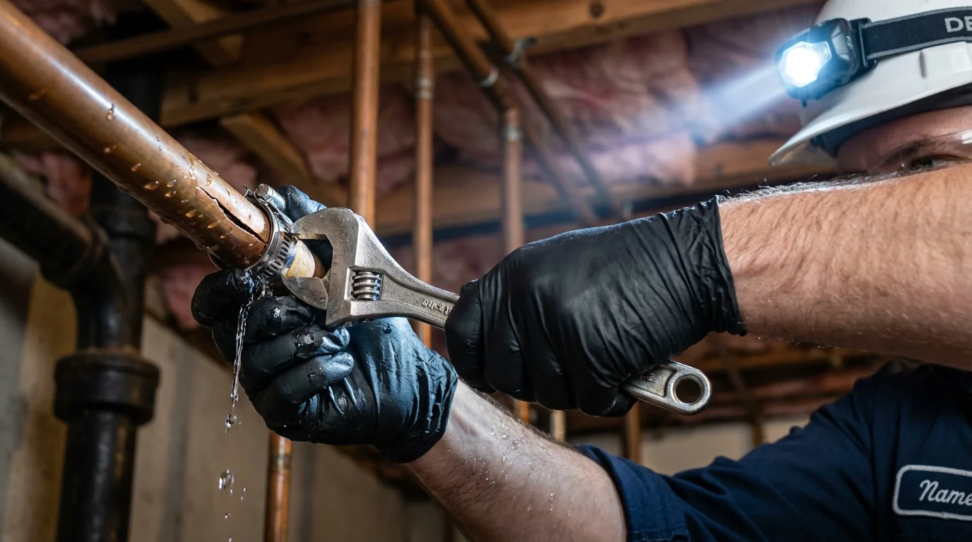 Emergency pipe clamp repair being performed by a Johns Plumbing LLC plumber in Rock Springs