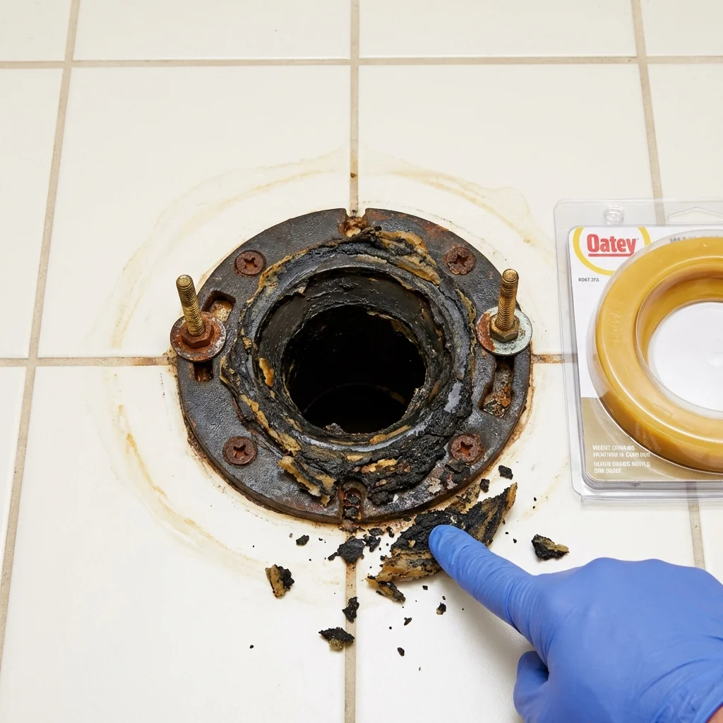Failed wax ring showing water seepage at the base of a toilet in a Rock Springs, WY home