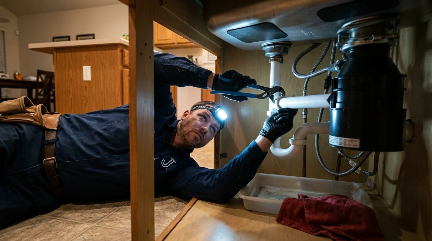 P-trap and supply line connections under a kitchen sink showing a common leak point in Rock Springs, WY